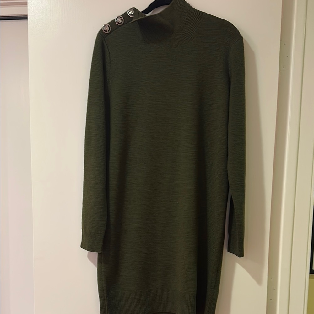 Olive Green Button-Shoulder Sweater Dress